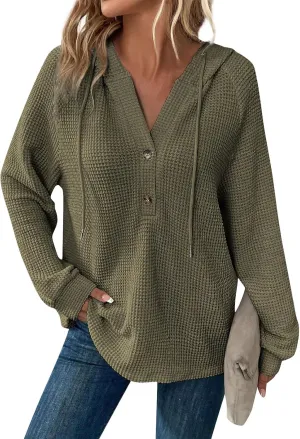Women Hoodies Waffle Knit Drawstring Button V Neck Oversized Hoodies Pullover Fall Fashion Lightweight Tunic Hoodies