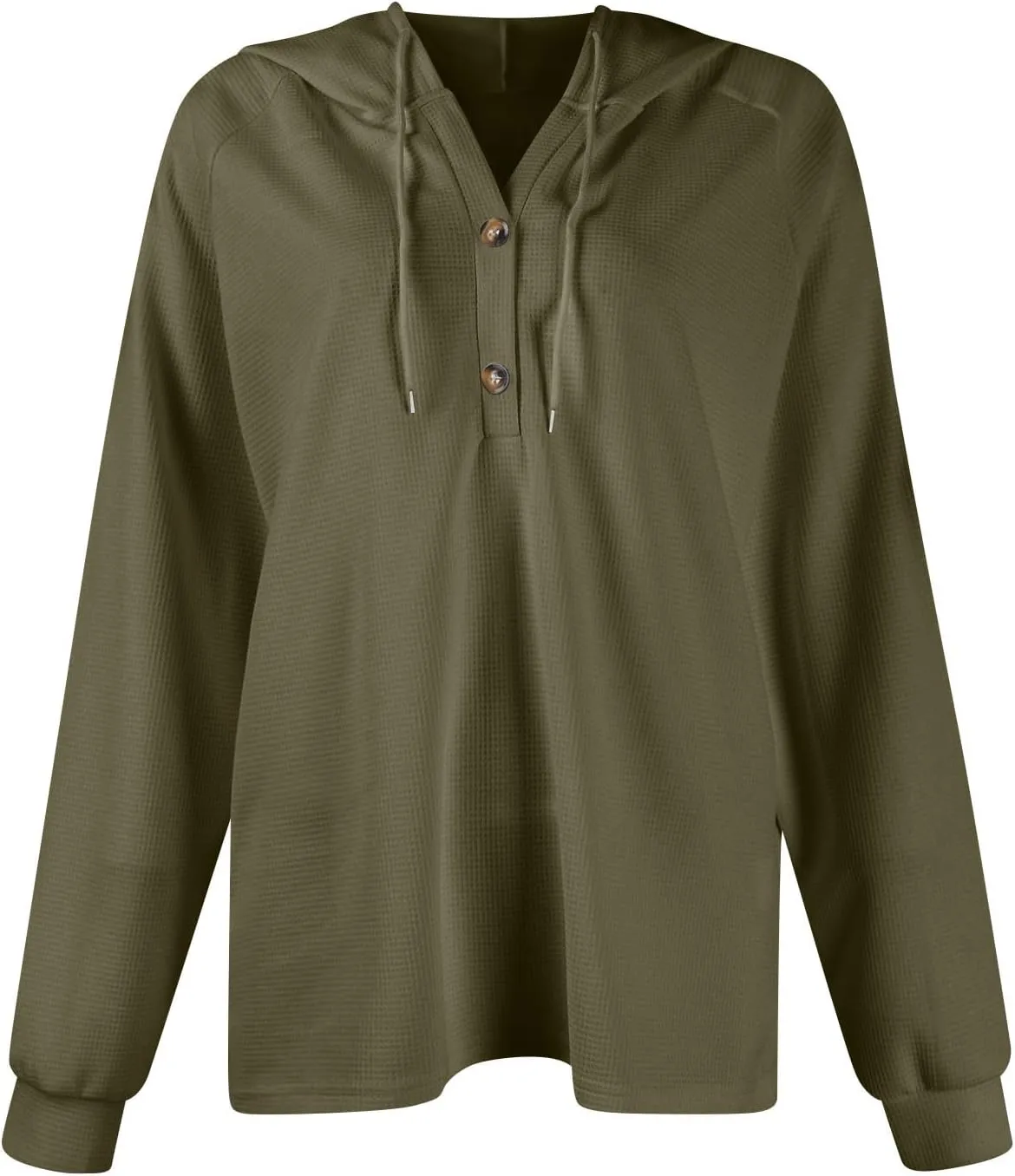 Women Hoodies Waffle Knit Drawstring Button V Neck Oversized Hoodies Pullover Fall Fashion Lightweight Tunic Hoodies