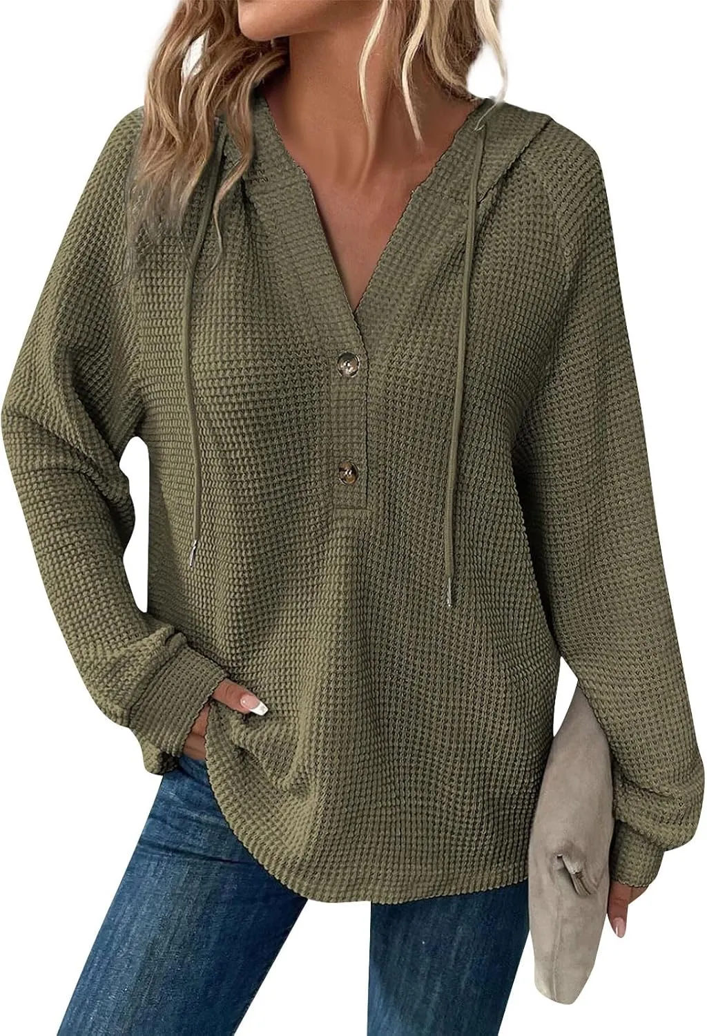 Women Hoodies Waffle Knit Drawstring Button V Neck Oversized Hoodies Pullover Fall Fashion Lightweight Tunic Hoodies