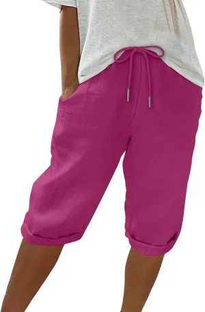 Women Linen Capri Pants Summer Drawstring Elastic Waisted Drawstring Shorts Ladies Casual Beach Pant with Pockets