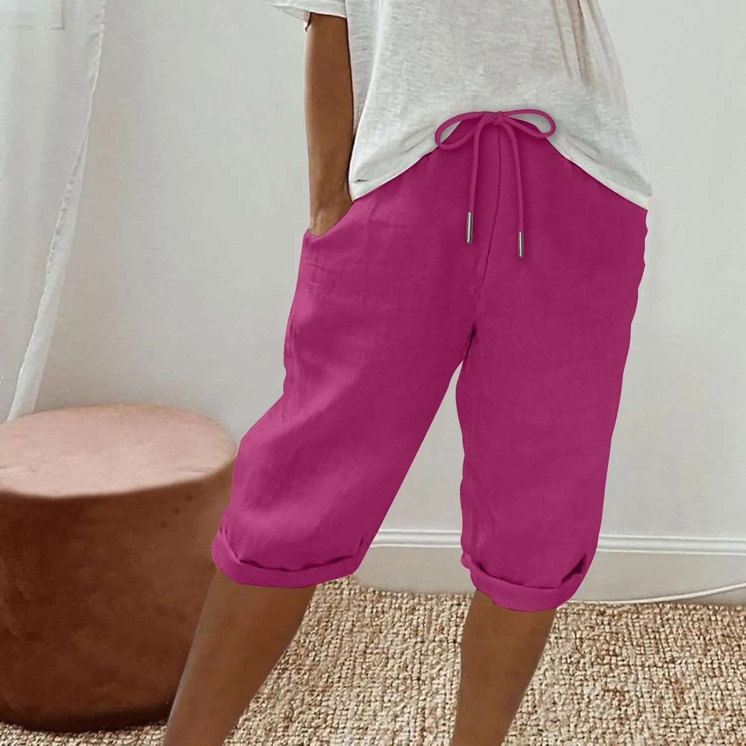 Women Linen Capri Pants Summer Drawstring Elastic Waisted Drawstring Shorts Ladies Casual Beach Pant with Pockets