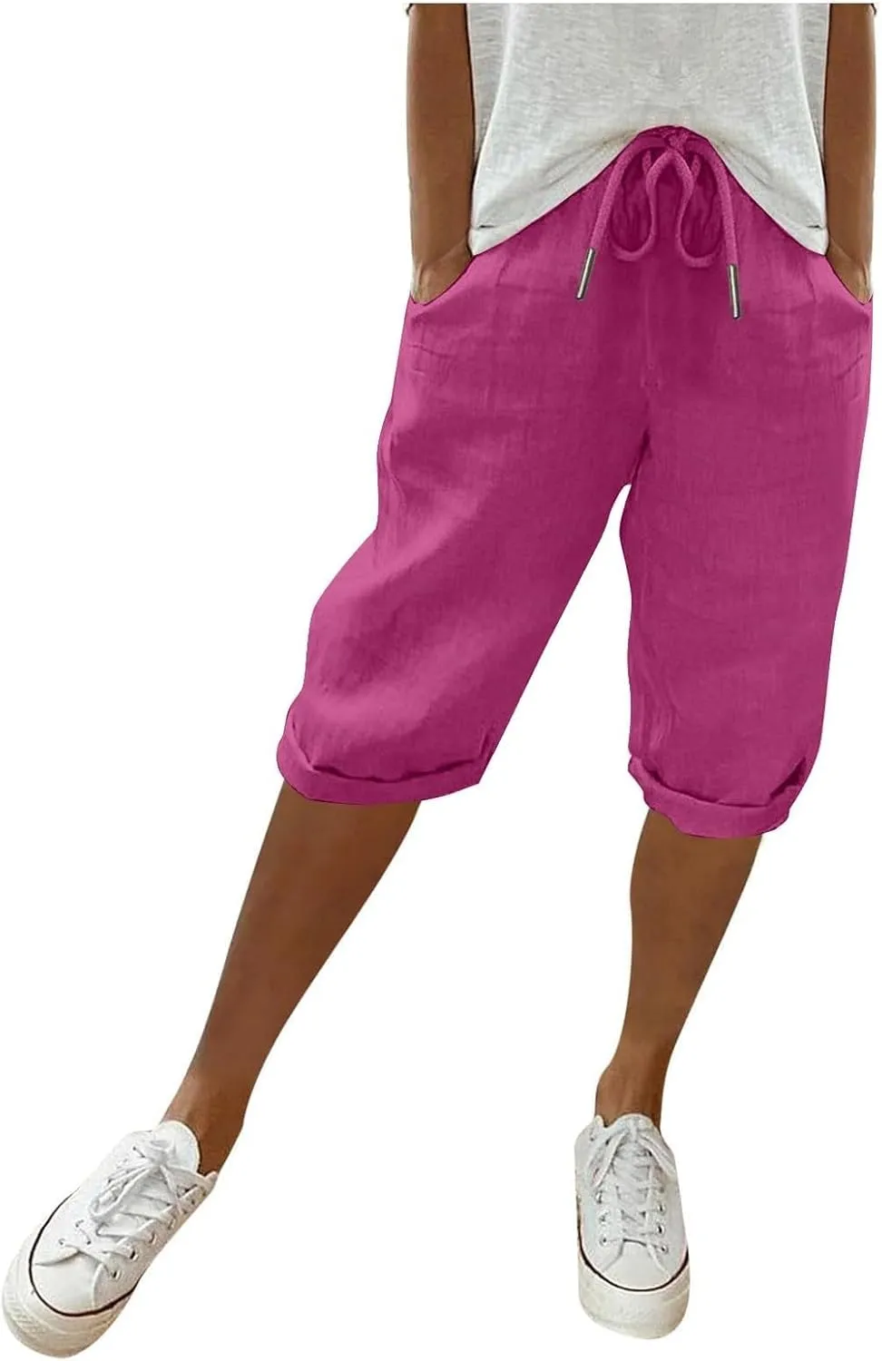 Women Linen Capri Pants Summer Drawstring Elastic Waisted Drawstring Shorts Ladies Casual Beach Pant with Pockets
