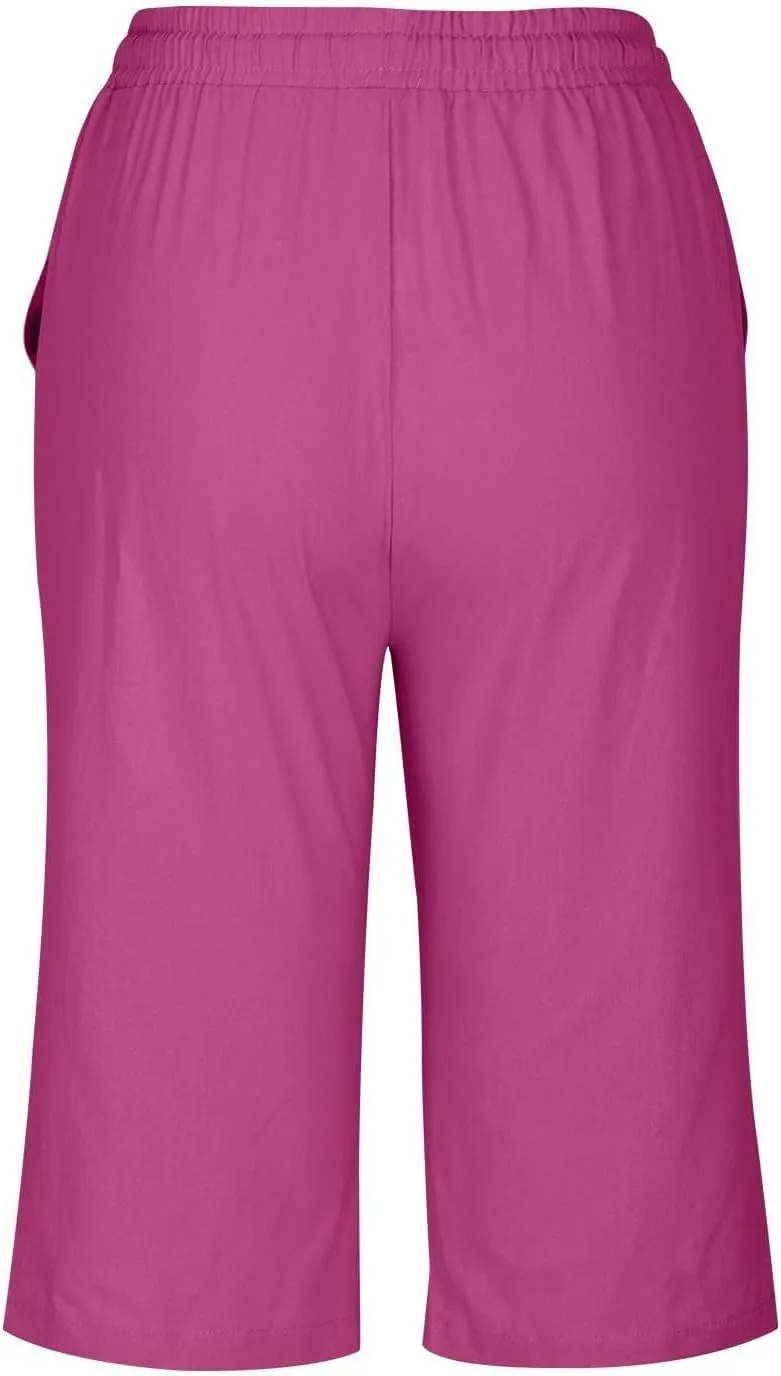 Women Linen Capri Pants Summer Drawstring Elastic Waisted Drawstring Shorts Ladies Casual Beach Pant with Pockets