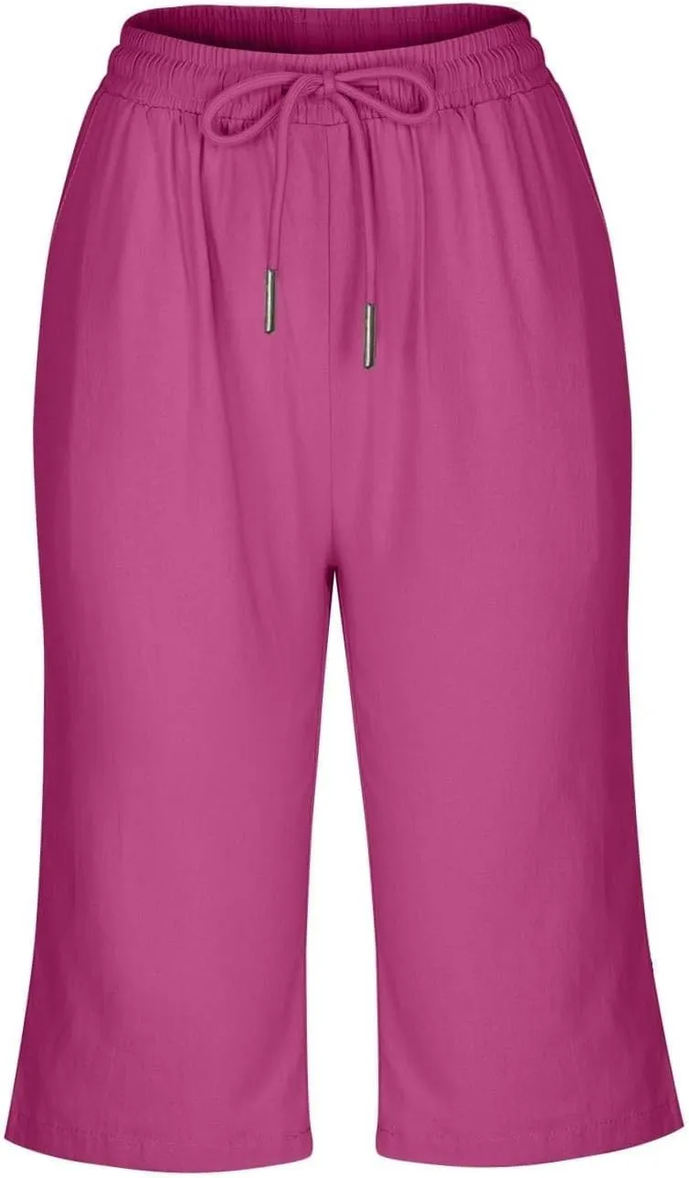 Women Linen Capri Pants Summer Drawstring Elastic Waisted Drawstring Shorts Ladies Casual Beach Pant with Pockets