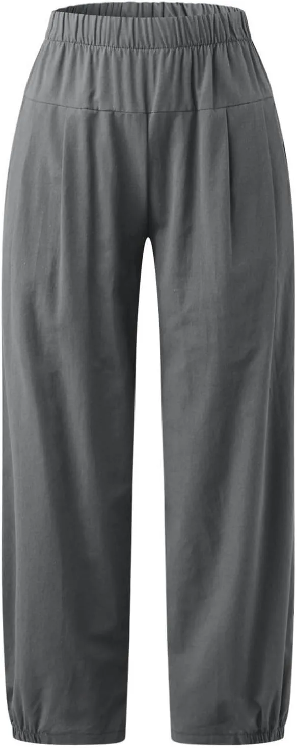Women Linen Capris Pants High Waisted Summer 2025 Wide Leg Loose Elastic Waist Cropped Trouser