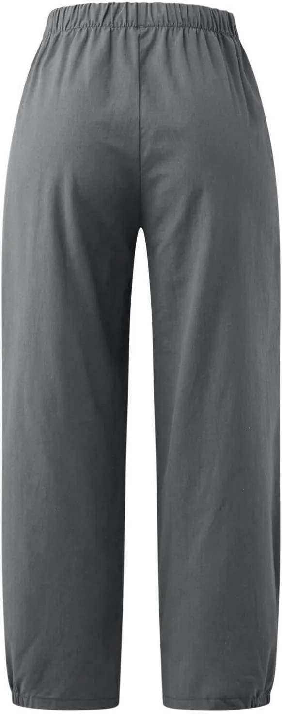 Women Linen Capris Pants High Waisted Summer 2025 Wide Leg Loose Elastic Waist Cropped Trouser