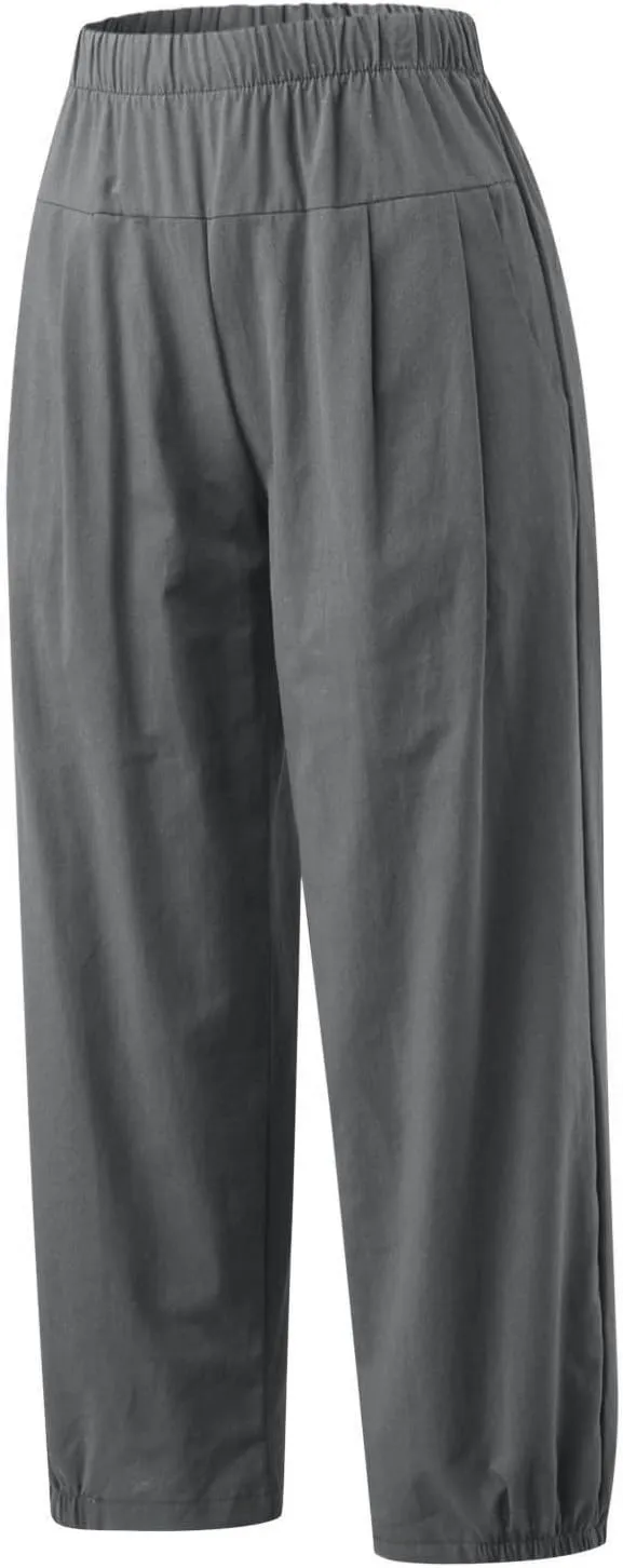 Women Linen Capris Pants High Waisted Summer 2025 Wide Leg Loose Elastic Waist Cropped Trouser