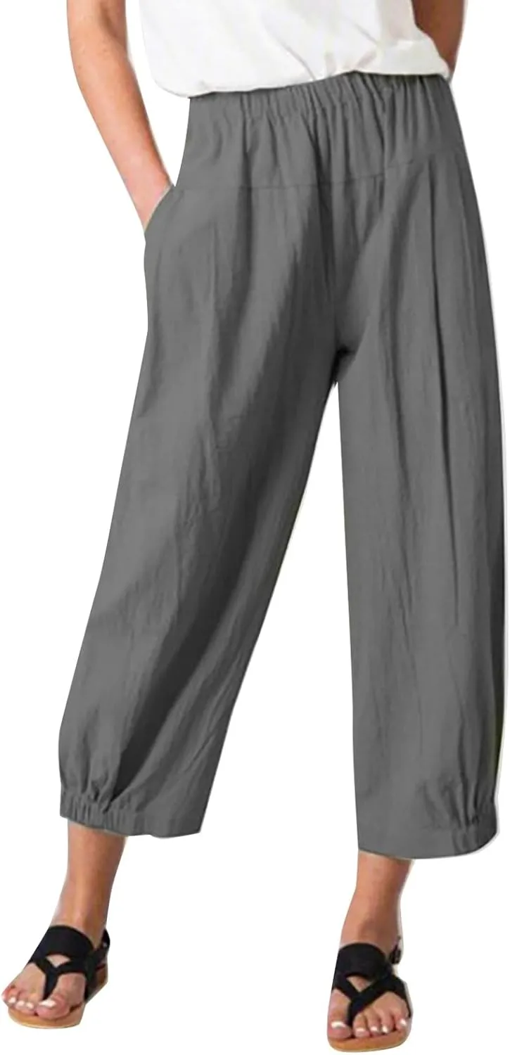 Women Linen Capris Pants High Waisted Summer 2025 Wide Leg Loose Elastic Waist Cropped Trouser
