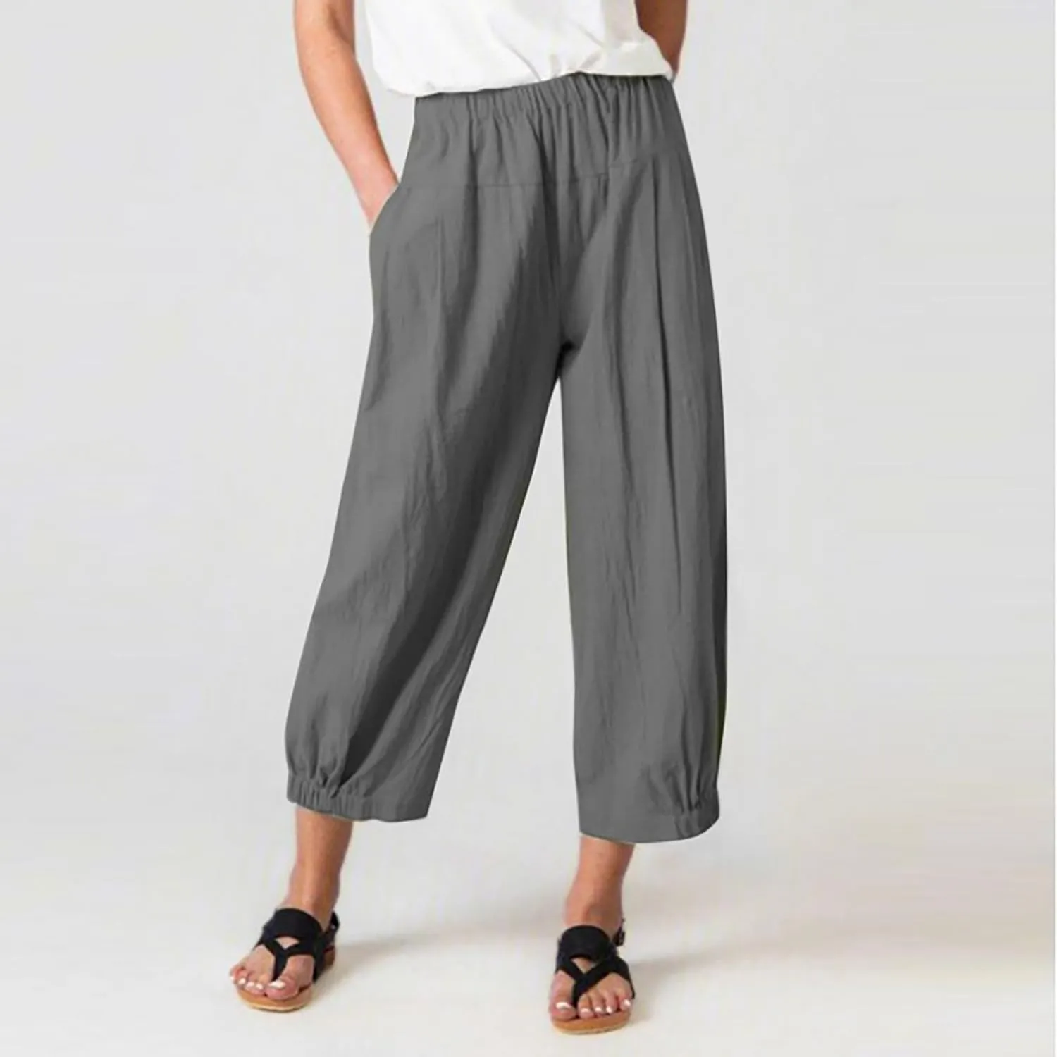 Women Linen Capris Pants High Waisted Summer 2025 Wide Leg Loose Elastic Waist Cropped Trouser