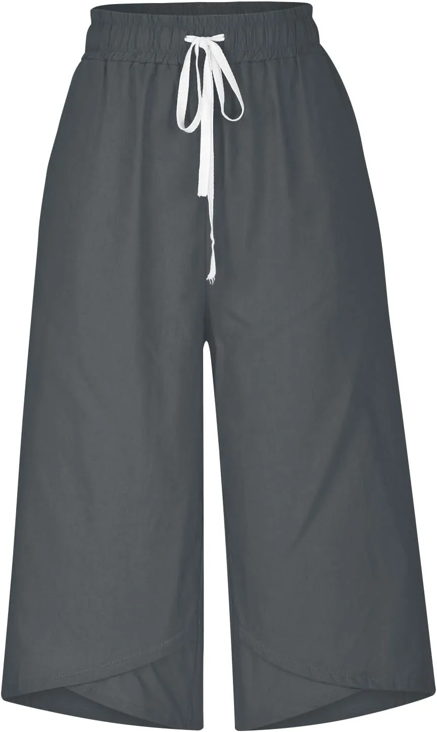 Women Linen Pants 2025 Casual Loose High Waist Trousers Drawstring Wide Leg Cropped Palazzo Beach Pants Summer Outfit