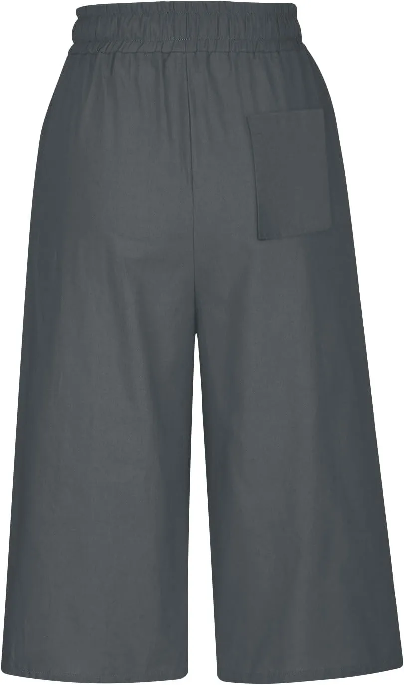 Women Linen Pants 2025 Casual Loose High Waist Trousers Drawstring Wide Leg Cropped Palazzo Beach Pants Summer Outfit