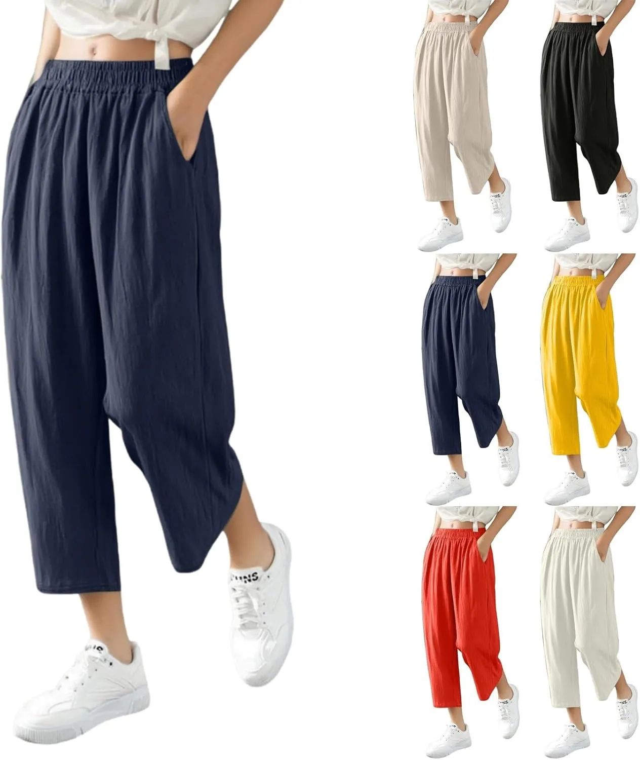 Women Linen Pants Cropped Pants Wide Leg High Waisted Palazzo Pants Summer Flowy Beach Lounge Casual Trousers with Pockets