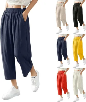 Women Linen Pants Cropped Pants Wide Leg High Waisted Palazzo Pants Summer Flowy Beach Lounge Casual Trousers with Pockets