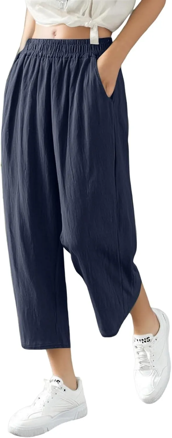 Women Linen Pants Cropped Pants Wide Leg High Waisted Palazzo Pants Summer Flowy Beach Lounge Casual Trousers with Pockets