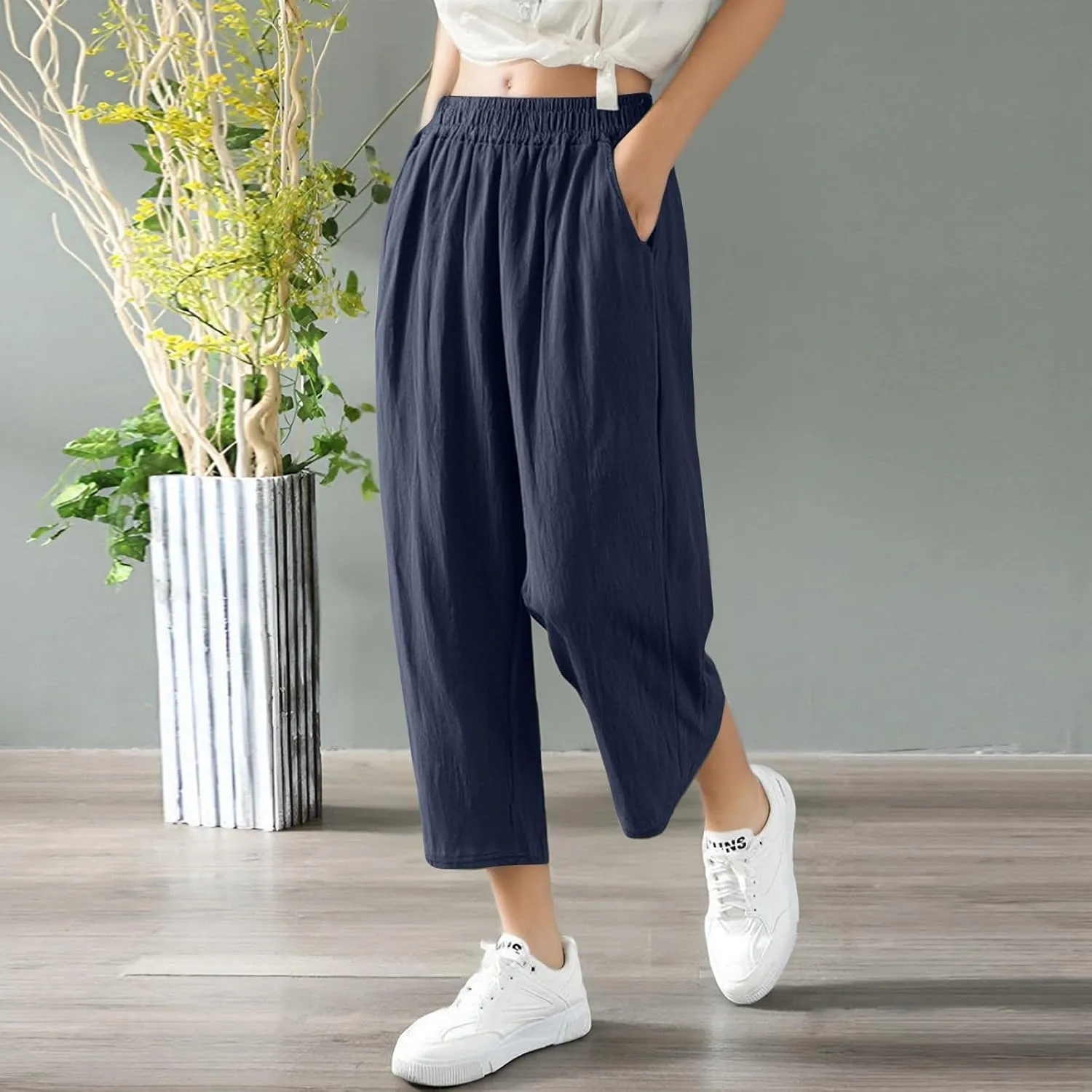Women Linen Pants Cropped Pants Wide Leg High Waisted Palazzo Pants Summer Flowy Beach Lounge Casual Trousers with Pockets