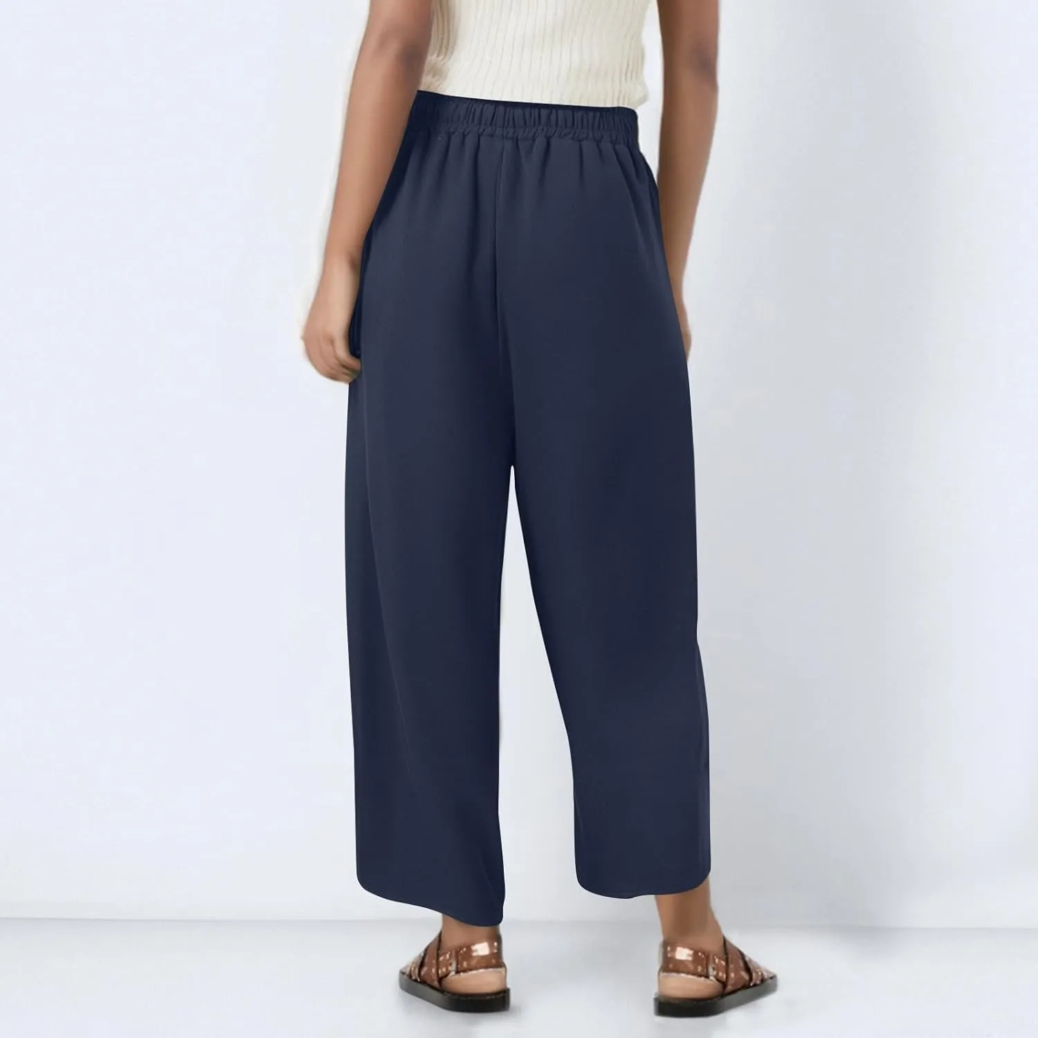 Women Linen Pants Cropped Pants Wide Leg High Waisted Palazzo Pants Summer Flowy Beach Lounge Casual Trousers with Pockets