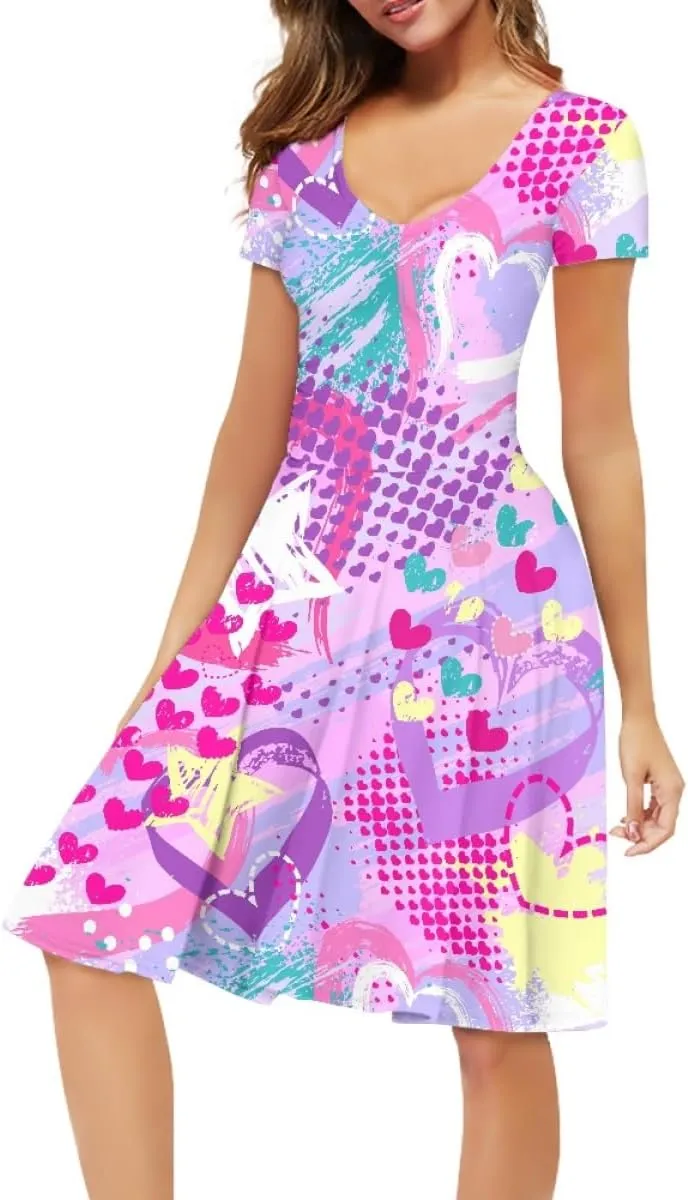 Women Plus Size Graffiti Printed Short Sleeve V Neck Swing Flowy Midi Tunic Dress