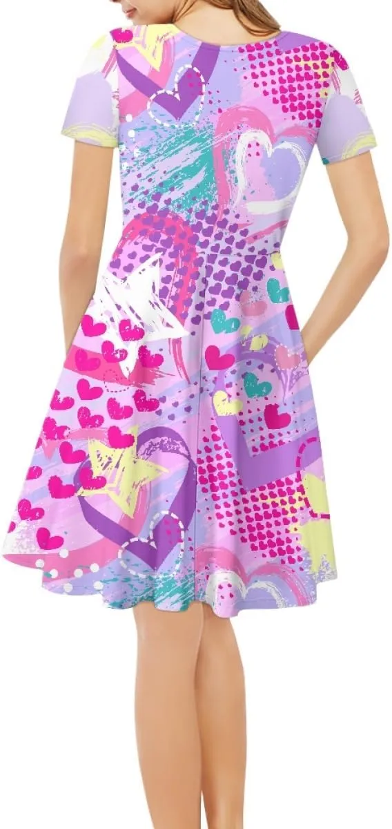 Women Plus Size Graffiti Printed Short Sleeve V Neck Swing Flowy Midi Tunic Dress