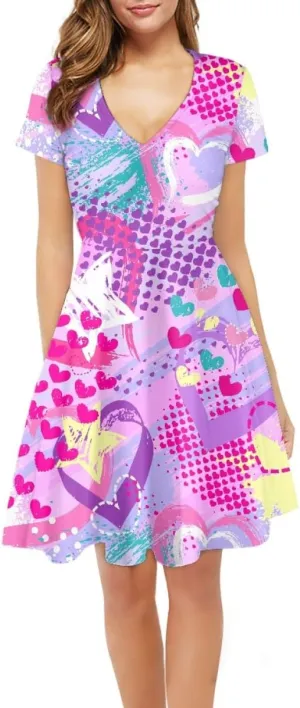 Women Plus Size Graffiti Printed Short Sleeve V Neck Swing Flowy Midi Tunic Dress