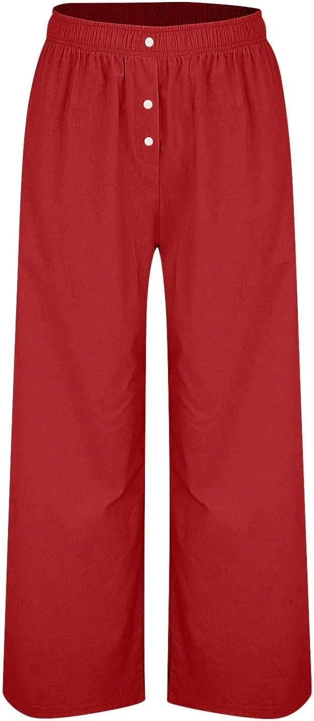Women Smocked High Waist Straight Wide Leg Trousers Loose Fit Lounge Pants Pockets Linen Beach Flowy Dressy Palazzo