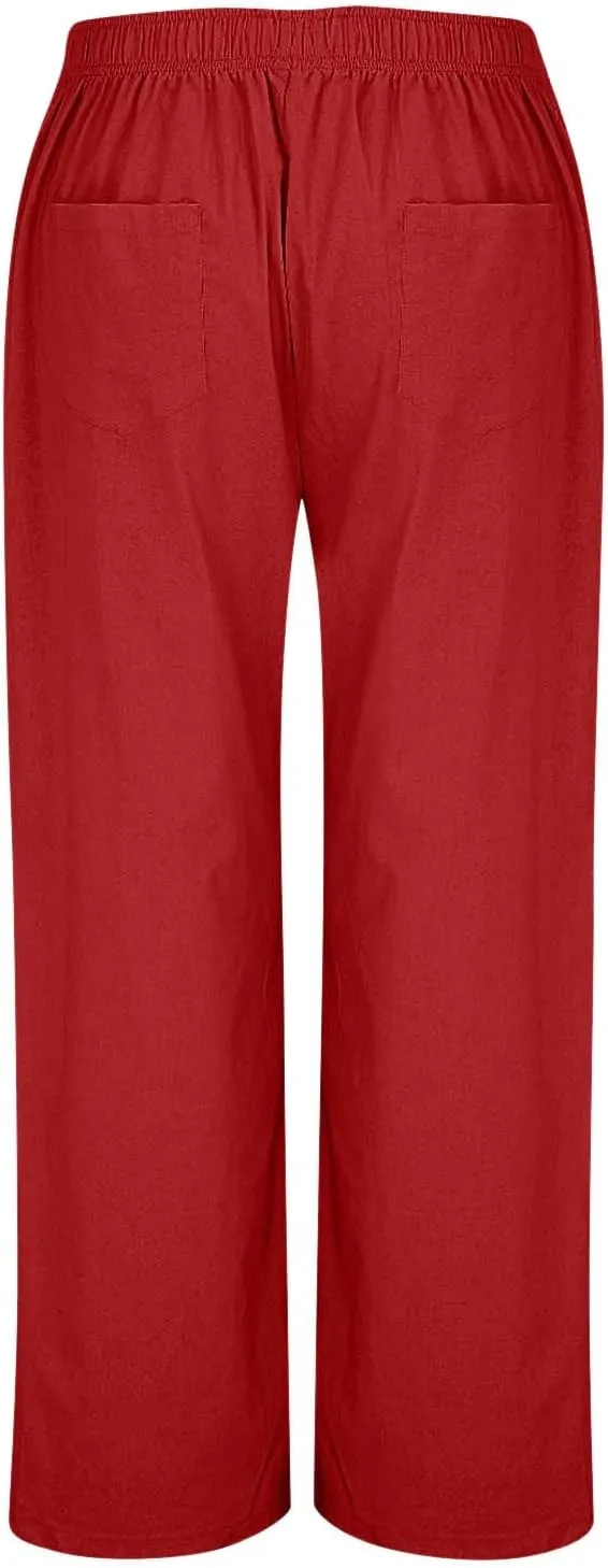 Women Smocked High Waist Straight Wide Leg Trousers Loose Fit Lounge Pants Pockets Linen Beach Flowy Dressy Palazzo