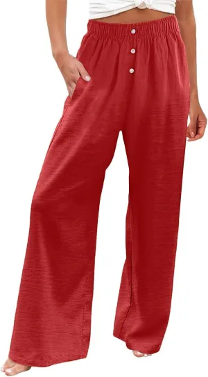 Women Smocked High Waist Straight Wide Leg Trousers Loose Fit Lounge Pants Pockets Linen Beach Flowy Dressy Palazzo