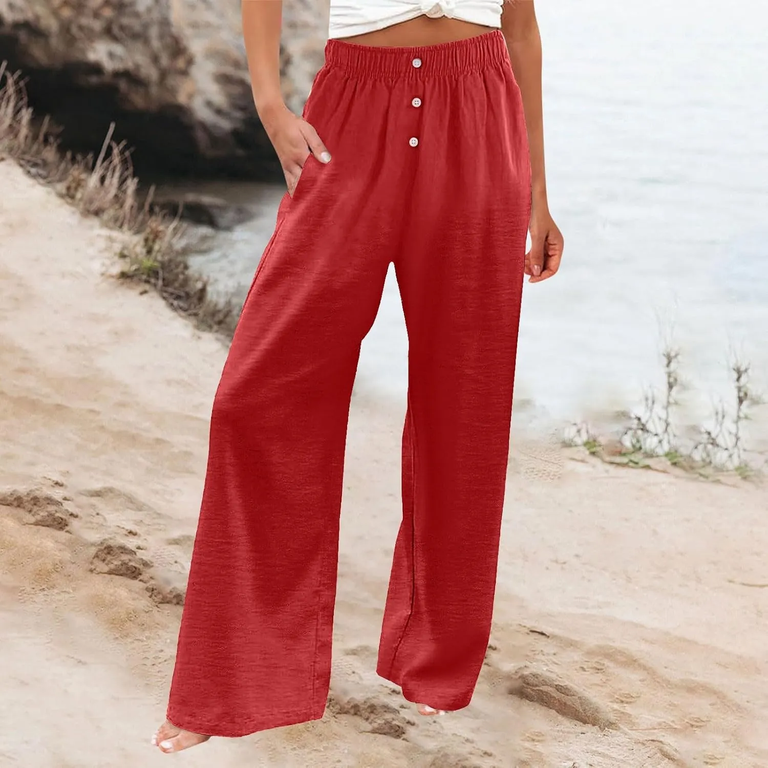 Women Smocked High Waist Straight Wide Leg Trousers Loose Fit Lounge Pants Pockets Linen Beach Flowy Dressy Palazzo