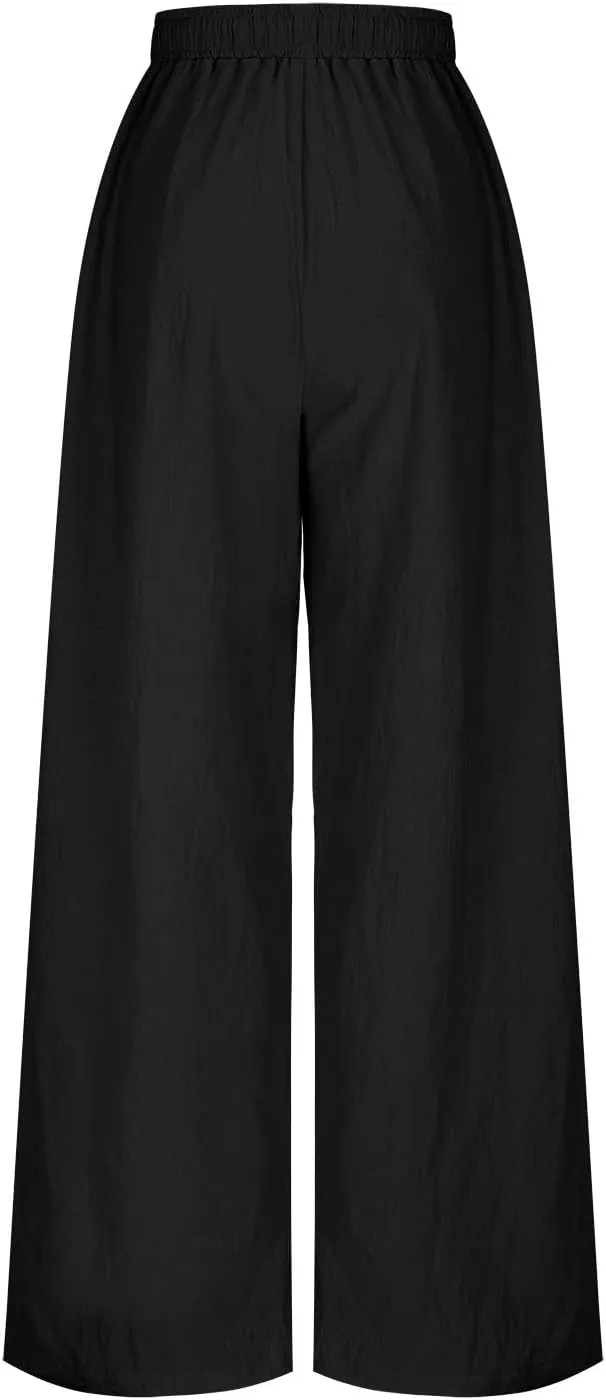 Women Summer Boho Cargo Pants Cotton Linen Baggy Wide Leg Beach Trousers Drawstring Waist Culottes with Pockets