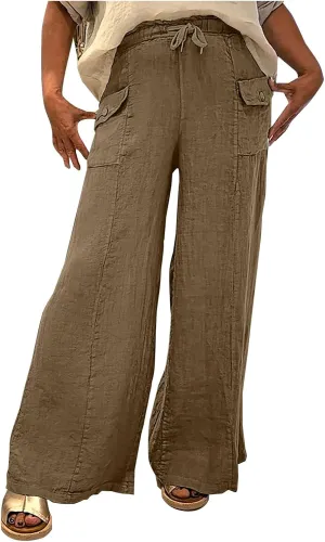 Women Summer Boho Cargo Pants Cotton Linen Baggy Wide Leg Beach Trousers Drawstring Waist Culottes with Pockets