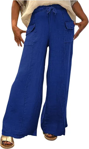 Women Summer Boho Cargo Pants Cotton Linen Baggy Wide Leg Beach Trousers Drawstring Waist Culottes with Pockets