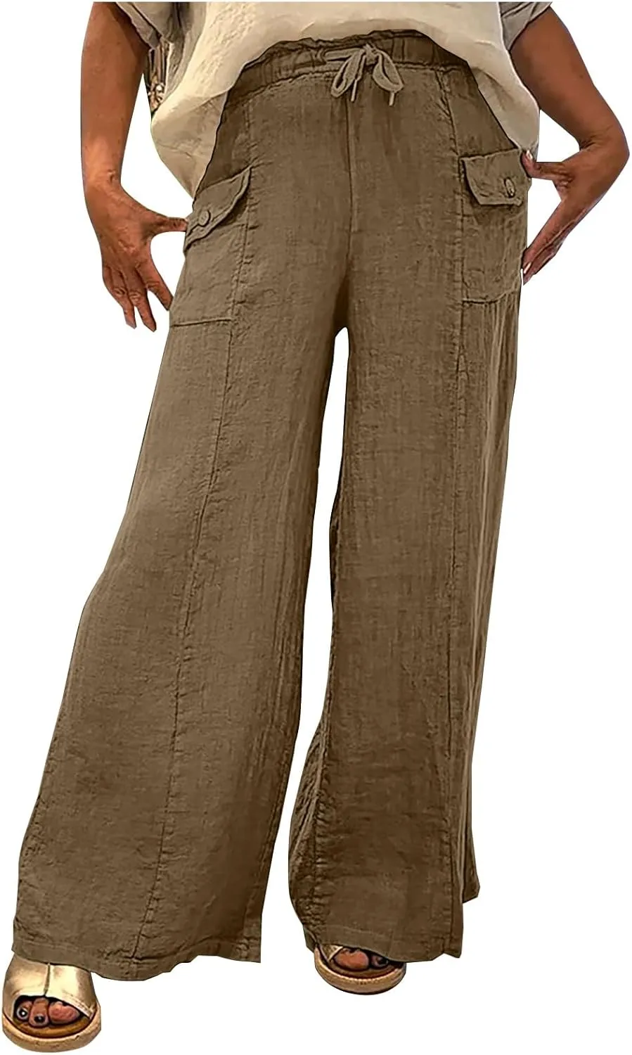 Women Summer Boho Cargo Pants Cotton Linen Baggy Wide Leg Beach Trousers Drawstring Waist Culottes with Pockets