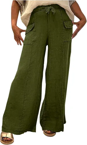 Women Summer Boho Cargo Pants Cotton Linen Baggy Wide Leg Beach Trousers Drawstring Waist Culottes with Pockets