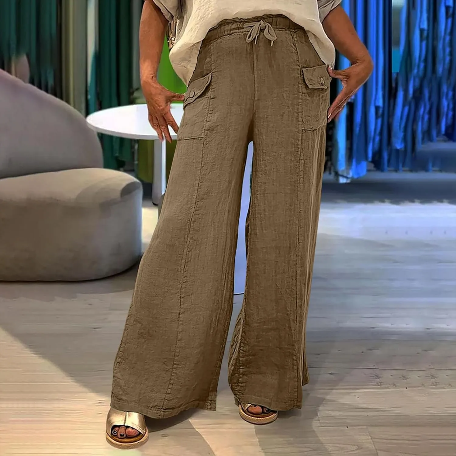 Women Summer Boho Cargo Pants Cotton Linen Baggy Wide Leg Beach Trousers Drawstring Waist Culottes with Pockets