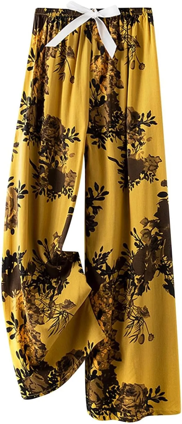 Women Summer Boho Palazzo Pants Flowy Baggy High Waisted Wide Leg Lounge Pants Stylish Floral Print Pajama Trousers