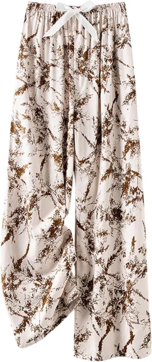 Women Summer Boho Palazzo Pants Flowy Baggy High Waisted Wide Leg Lounge Pants Stylish Floral Print Pajama Trousers