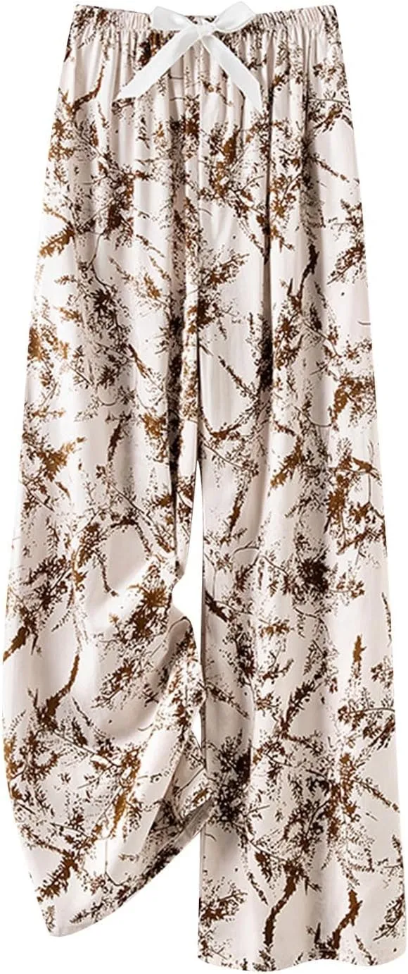 Women Summer Boho Palazzo Pants Flowy Baggy High Waisted Wide Leg Lounge Pants Stylish Floral Print Pajama Trousers