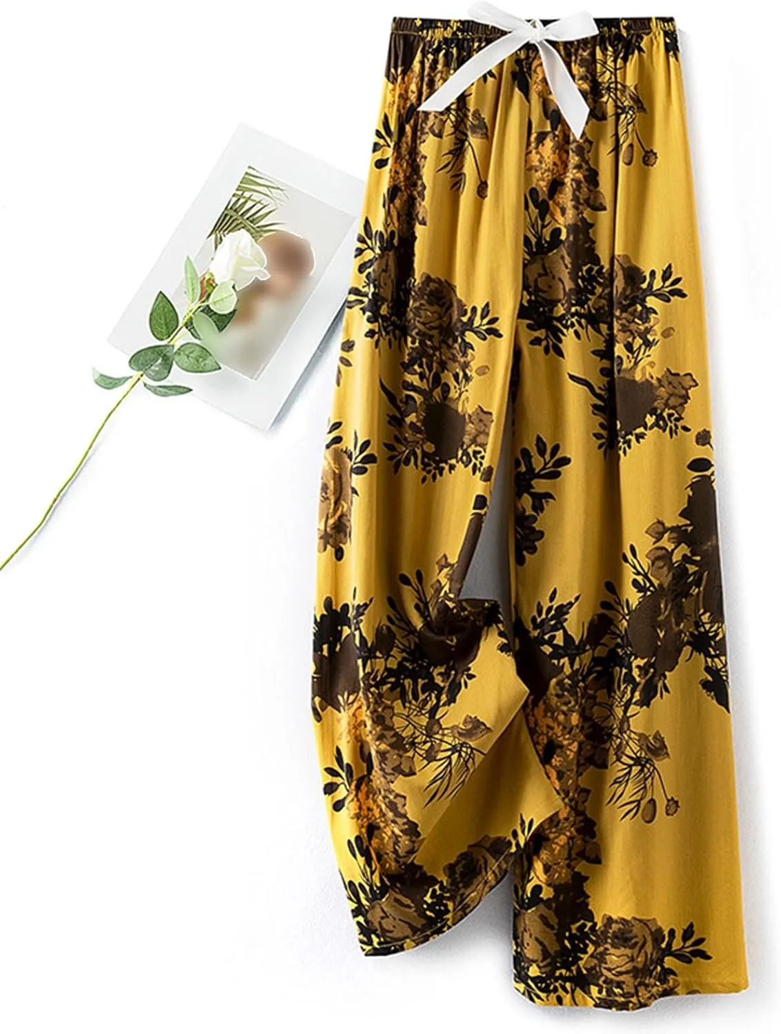 Women Summer Boho Palazzo Pants Flowy Baggy High Waisted Wide Leg Lounge Pants Stylish Floral Print Pajama Trousers