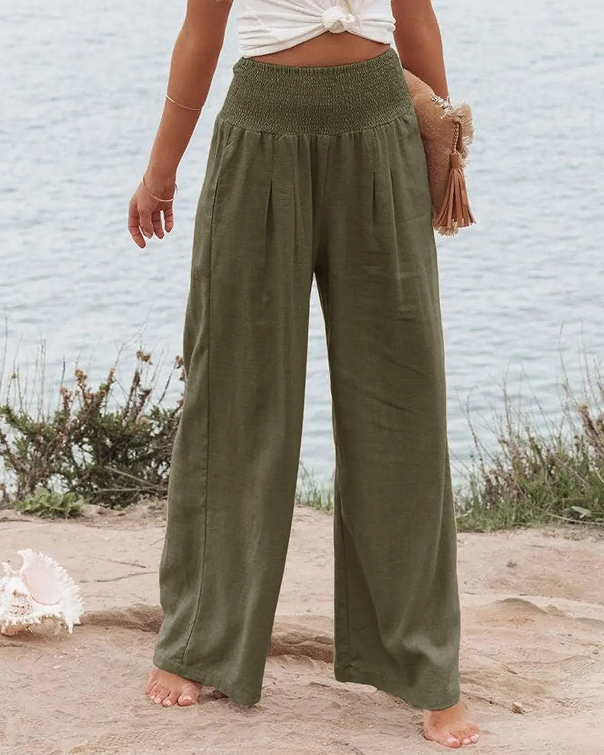 Women Summer High Waisted Cotton Linen Palazzo Pants Casual Boho Wide Leg 2025 Beach Lounge Trousers with Pocket
