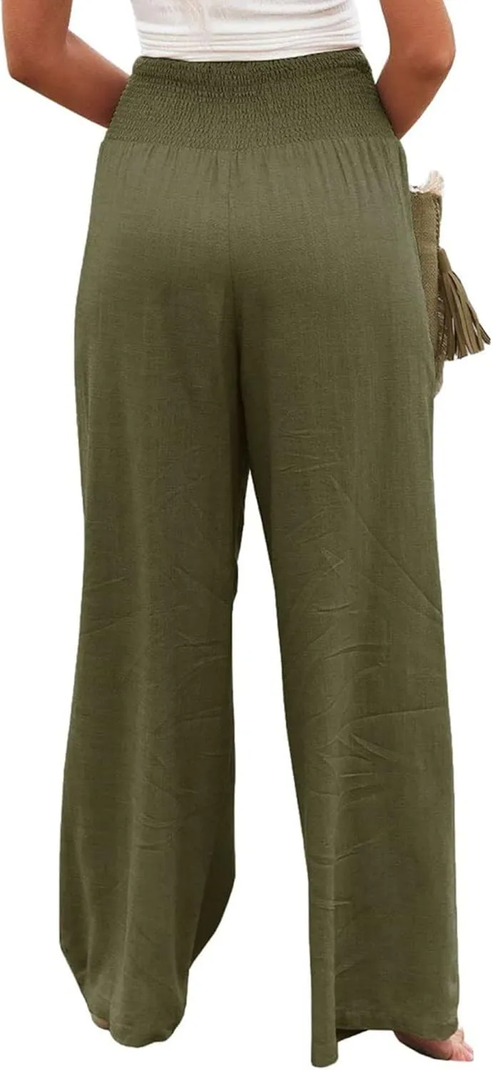 Women Summer High Waisted Cotton Linen Palazzo Pants Casual Boho Wide Leg 2025 Beach Lounge Trousers with Pocket