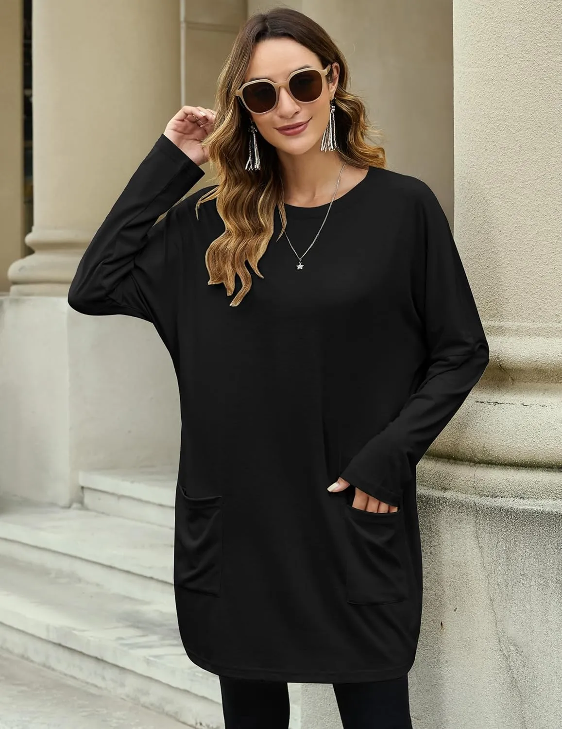 Women Tunics or Tops to Wear with Leggings Loose Fit Long Sleeve Shirt Casual Sweatshirt Fall Outfits with Pocket