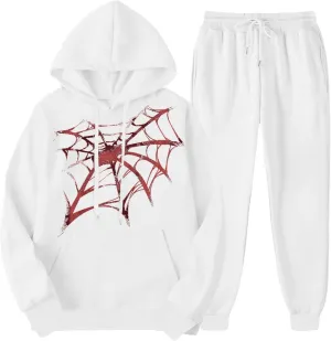 Women Y2k Sweatsuits Spider Web Hoodies Vintage Oversized Long Sleeve Sweatshirt and Pant Teen Girls Cute Streetwear