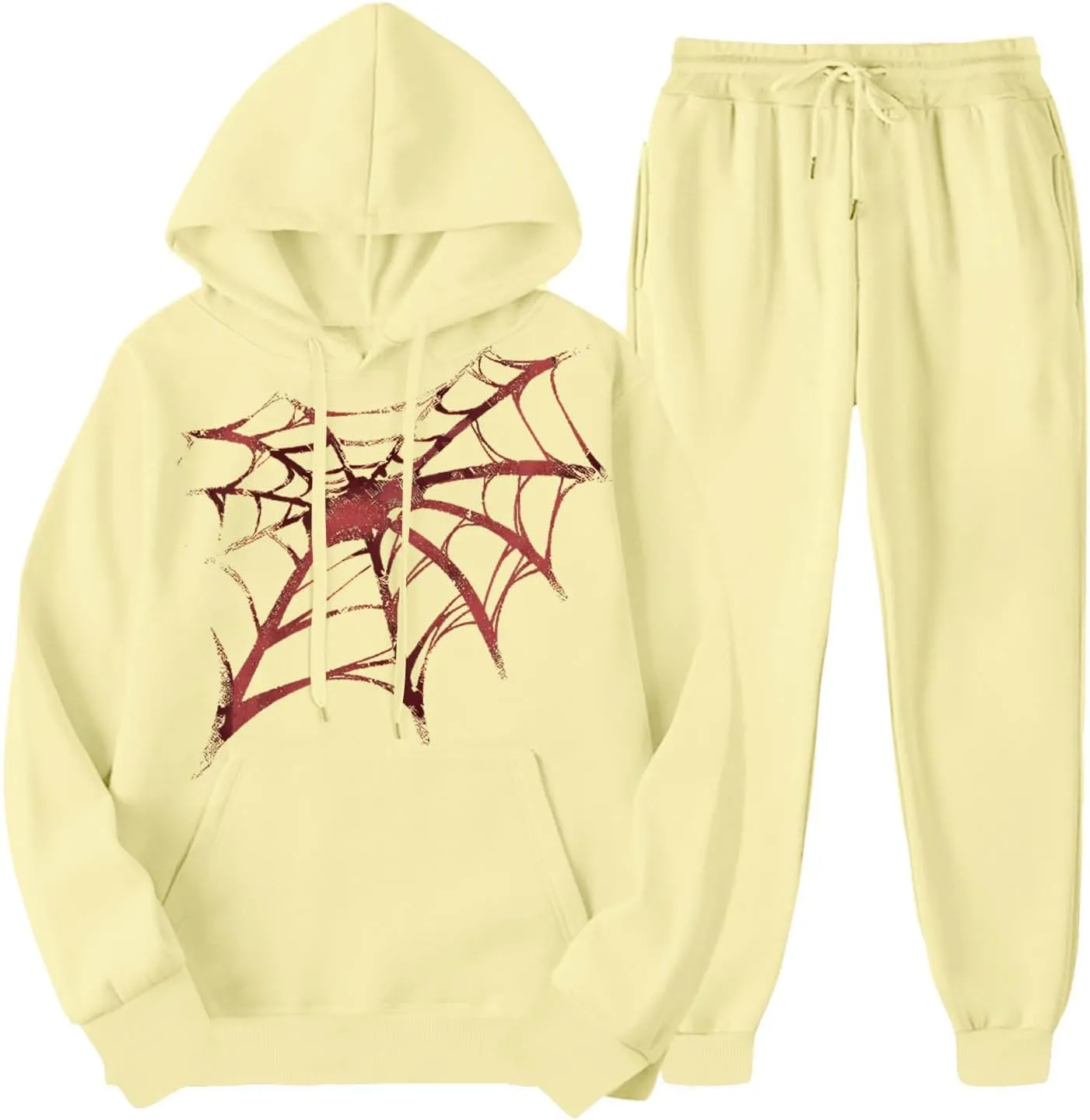 Women Y2k Sweatsuits Spider Web Hoodies Vintage Oversized Long Sleeve Sweatshirt and Pant Teen Girls Cute Streetwear