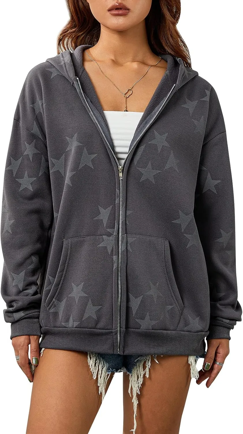 Women Y2k Zip Up Hoodies Star Skull Graphic Long Sleeve Jackets Hip Hop Harajuku Goth Oversized Hooded Sweatshirt