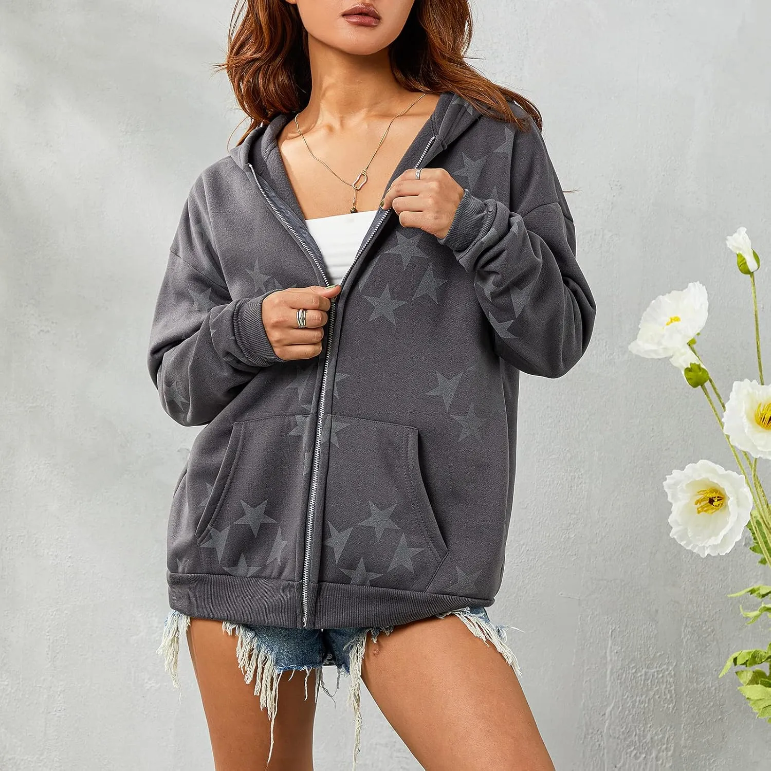 Women Y2k Zip Up Hoodies Star Skull Graphic Long Sleeve Jackets Hip Hop Harajuku Goth Oversized Hooded Sweatshirt