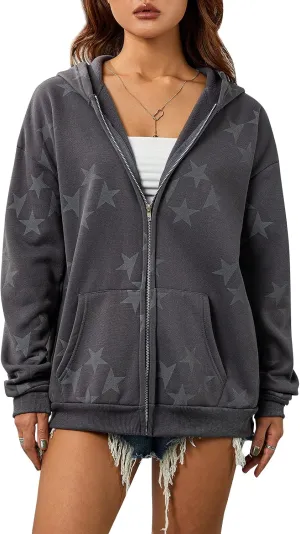 Women Y2k Zip Up Hoodies Star Skull Graphic Long Sleeve Jackets Hip Hop Harajuku Goth Oversized Hooded Sweatshirt
