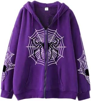 Women Zip Up Y2k Oversized Hoodie Spider Graphic Full Zipper Sweatshirt Teen Girls Grunge Streetwear Jacket
