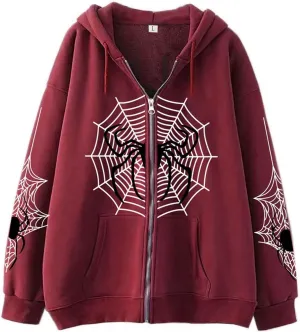 Women Zip Up Y2k Oversized Hoodie Spider Graphic Full Zipper Sweatshirt Teen Girls Grunge Streetwear Jacket