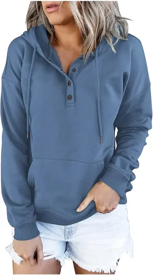 Womens 2022 Hooded Button Collar Drawstring Hoodies Pullover Sweatshirts Casual Long Sleeve Tops Shirts
