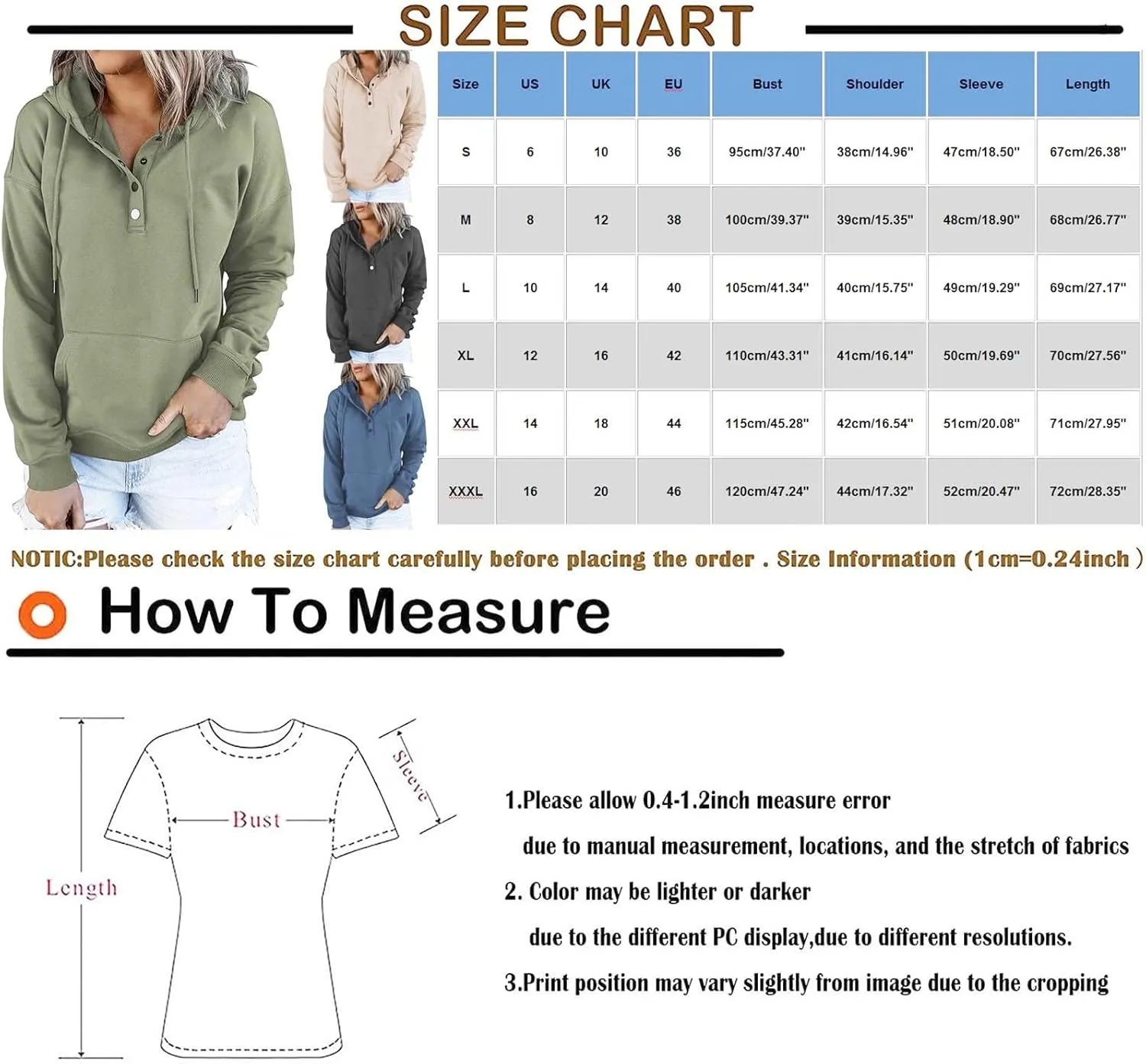 Womens 2022 Hooded Button Collar Drawstring Hoodies Pullover Sweatshirts Casual Long Sleeve Tops Shirts