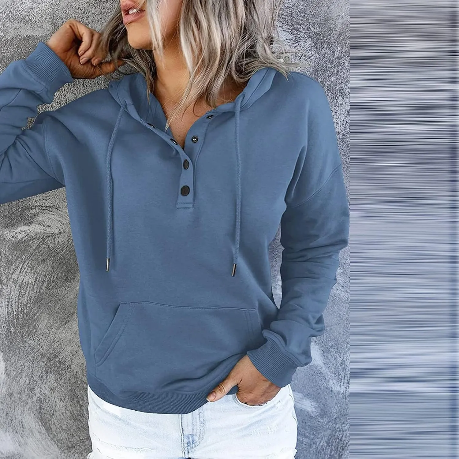 Womens 2022 Hooded Button Collar Drawstring Hoodies Pullover Sweatshirts Casual Long Sleeve Tops Shirts